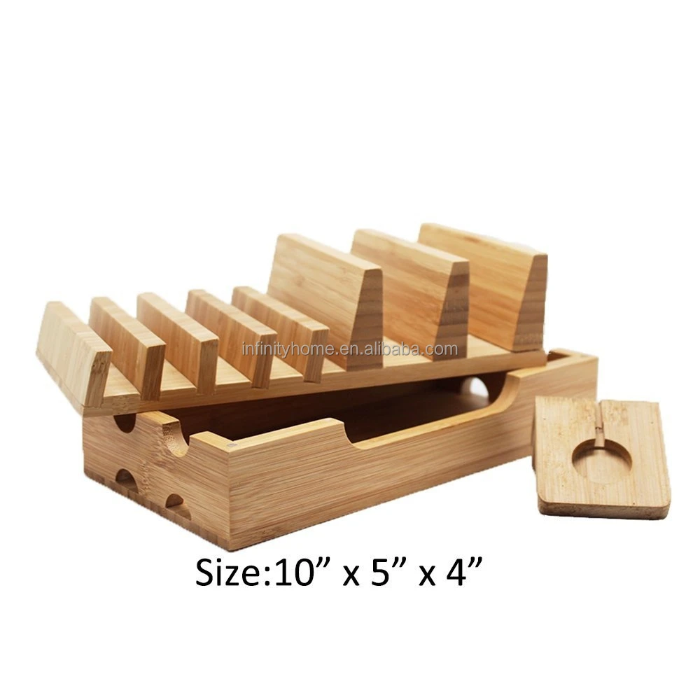 Bamboo tablet organizer cell mobile phone charging station