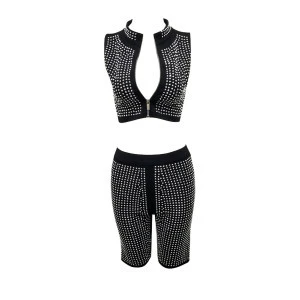 Black Stretch Studded Beaded Embellished Chic 2 piece Set  Sleeveless top + Shorts bodycon night club dress F1873