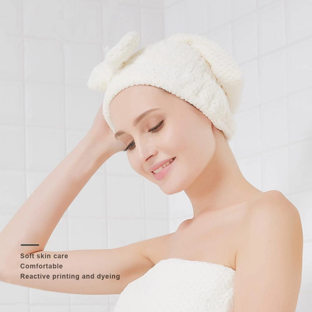 Bow Knot Coral Fleece Hair drying cap Microfiber Absorbent Shower Cap coral velvet bath cap