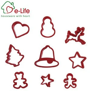 BRIGHT RED COLOR PP PLASTIC XMAS COOKIE CUTTERS WITH 9 SHAPES DESIGN