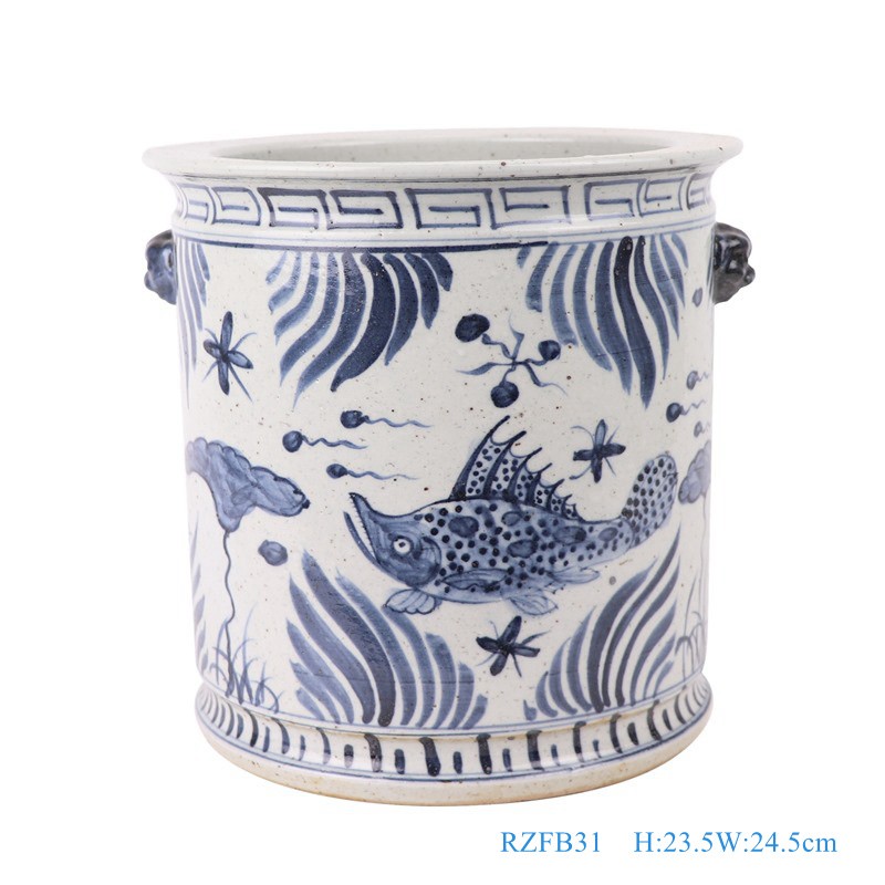 Ceramic Fish Lines and Patterns Algal Stria Blue and White Porcelain Straight Pot