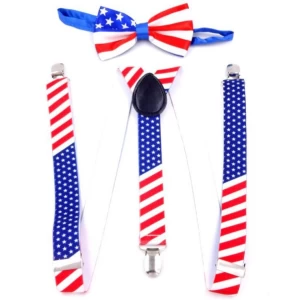 Cheap stock Stretchable Adjustable USA flag Bow Tie and Suspender set