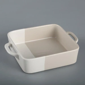Cheap wholesale set of 3 ceramic square baking dish with handles, two tone glazed color, grey and white, microwave safe