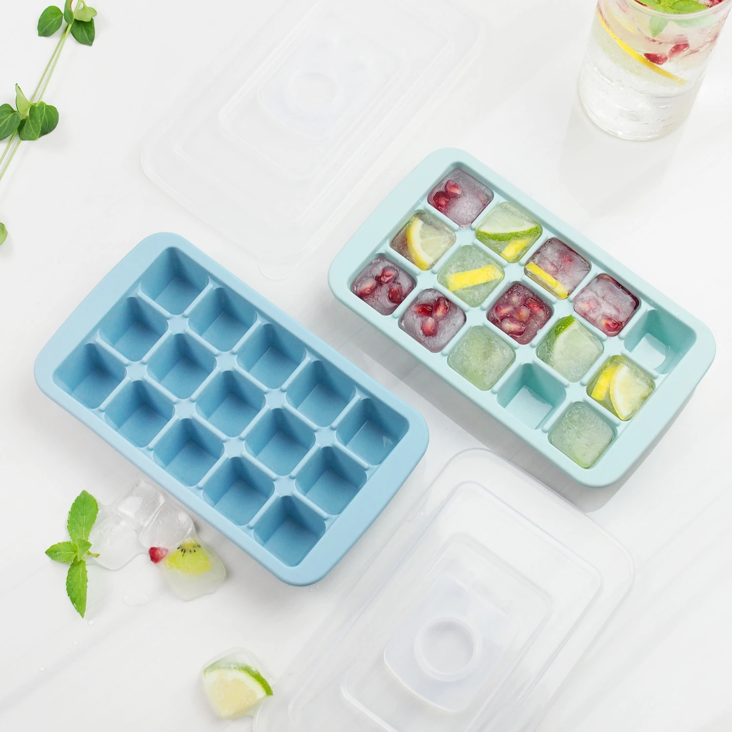 Creative Water Inlet Design 15 Silicone Ice Cube Trays with Lid