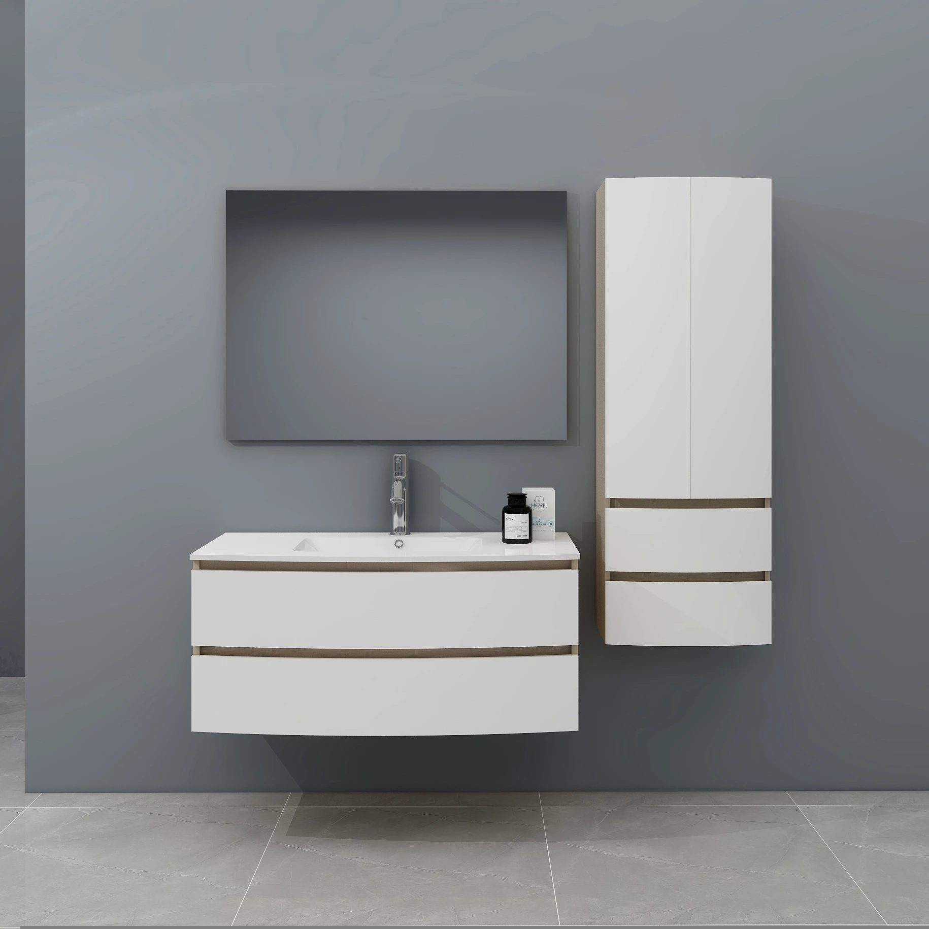 Curved set of mdf&pvc bathroom cabinet wall-mounted with side cabinet