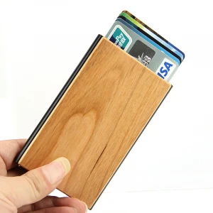 custom logo design slim mens slide retractable vertical 6 slot wallet case popup business name wood card holder