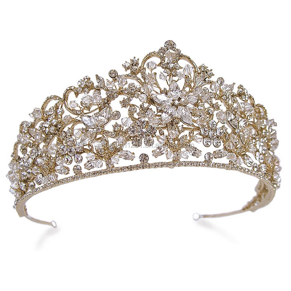 Custom Made Fashion Crystal Flower Gold Crown Wedding Bridal Tiara