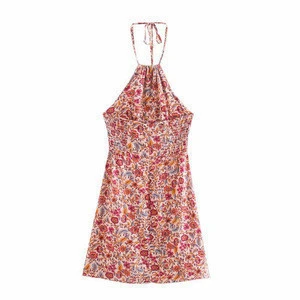 D393 New Hot Sale Halter Neck Rayon Floral Print Mini Boho Dress Women Casual Summer Cotton Bohemian Dresses Vestido Clothing