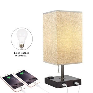 Depulay Square Fabric Shade Wood Double USB Charging Port Bedside Table Lamp
