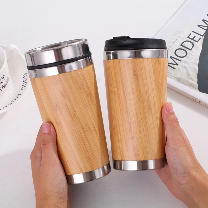 Factory direct sales 450ml High Quality Best Stainless Steel Bamboo Coffee Mug Bamboo water bottle with Leakproof Lids in stock