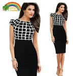 Factory directly sale wholesale short sleeve woman one-piece office body con pencil chequer dress