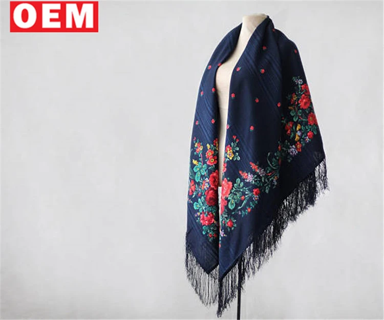 Fashionable design YLM custom feminine women scarf print flowers oversized large silk floral fringed shawl ladies Russian shawls