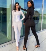 female Solid Color Full Sleeve Jumpsuit With Corset yoga bodysuit jumpsuit 2 Piece Sets Outfits Gym Workout Jumpsuit Corsets