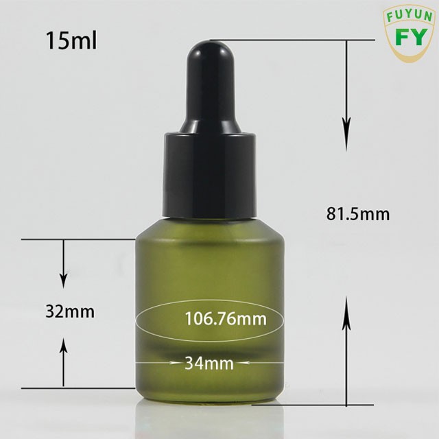 Fuyun 15ml  30ml 60ml 125ml 200ml Green Coloured Slanted Shoulder Dropper Frosted Glass Cosmetic Empty Essential Oil Bottle