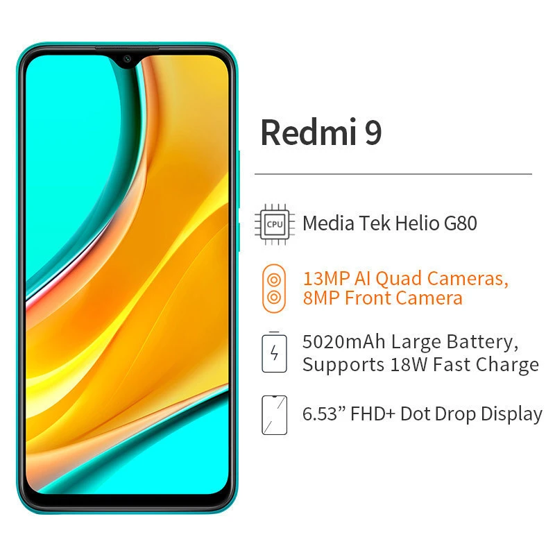 Global Version Xiaomi Redmi 9 4GB RAM 64GB ROM Mobile Phone Helio G80 Octa Core 13MP Quad Camera 6.53&quot; FHD+ Display 5020mAh