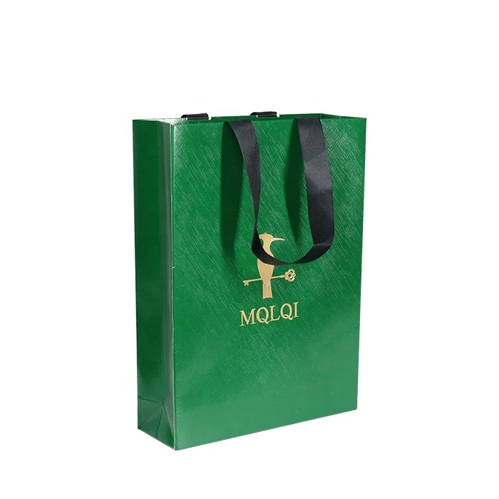 Green Luxury Customized Shopping Bags Paper Packaging Rose Gold Hot Foil Logo Supplier