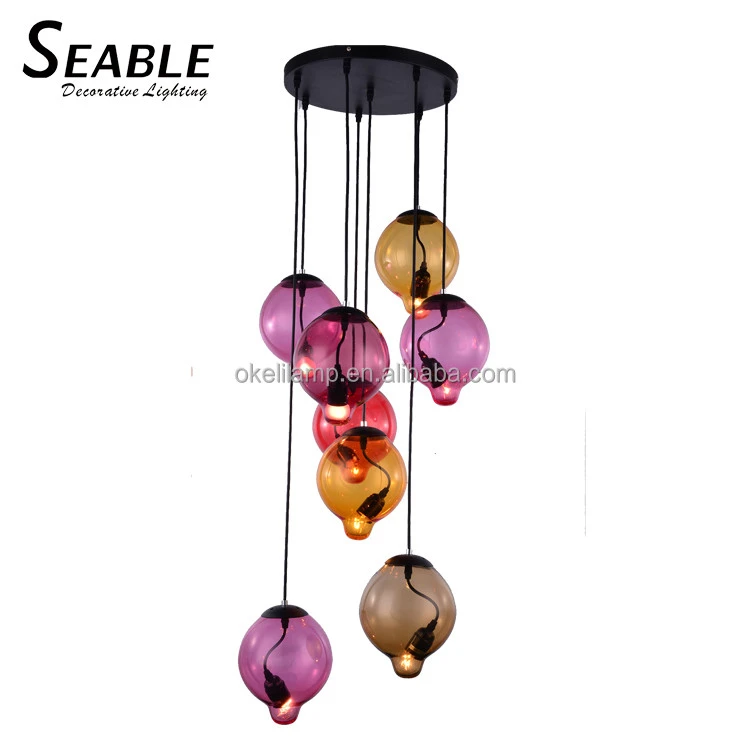 Hand-blown glass lampshades suspended chandelier bright and happy luminaire design