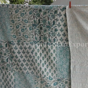 Handmade Cotton Patchwork Kantha Quilt, Hand Block Printed Bedspread Hand Quilted Block Printed Patchwork Kantha Quilts