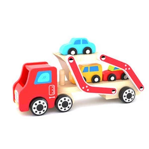 High Quality Wooden Double Deck Boy Children Car Trailer Truck Kids Vehicle Toys Wooden Truck Toy With 3 Mini Cars Folding Ramp