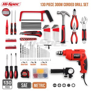 Hispec 130 pc 300W Power Drill Hand Tool Set Combo Kits with Hacksaw Plier Claw Hammer Wrench Box Cutter &amp; more in a tool case