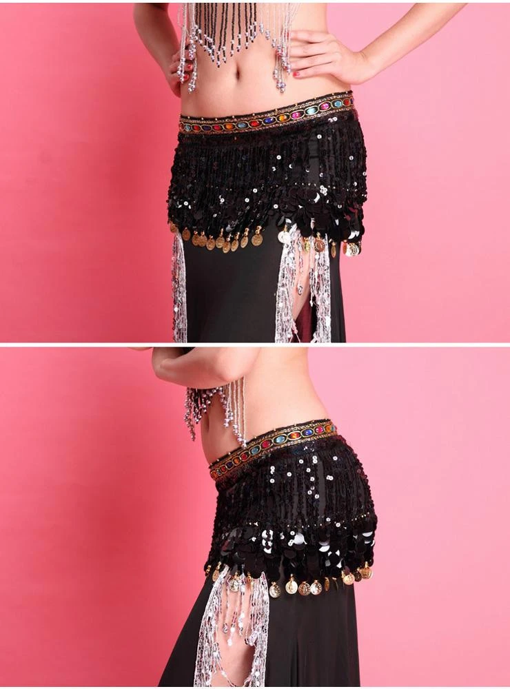 Hot Sale Sparkling Belly Dance Coins Tassel Hip Scarf Shawl Sequins Fringe Waist Chain Belt