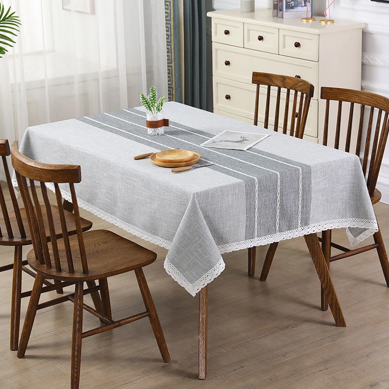 Hot selling cotton and linen waterproof striped table cloth with tassel lace decoration