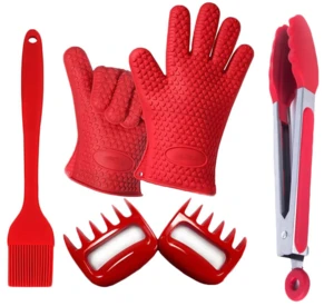 Hot Selling Silicone 4pcs BBQ Barbecue Tool Set Of Tong/ Brush/ Gloves/ Meat Claws