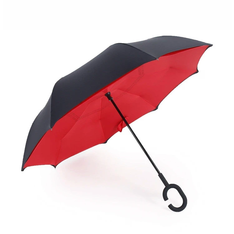 Hot Selling Stock Custom Double Layer Inside Out C Shape Handle inverted Reverse Umbrella with logo prints  omgekeerde paraplu