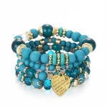 Hot Set of 4 Pieces Multi Strands Romantic Heart Charm Bohemian Boho Jewelry Multifarious Acrylic Glass Stretch Bead Bracelets