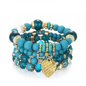 Hot Set of 4 Pieces Multi Strands Romantic Heart Charm Bohemian Boho Jewelry Multifarious Acrylic Glass Stretch Bead Bracelets