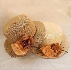 Ladies straw flat top hat with flower,promotional mini straw fedora hat