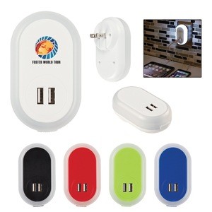 Listed Nightlight A/C Adapter With Dual USB Ports - has folding prongs, dual USB output and comes with your logo