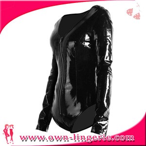 Long Sleeve Black Zipper Womens Erotic Thong Jumpsuit PVC Faux Leather Catsuit Stripper Pole Leotard Skeleton Bodysuit Club