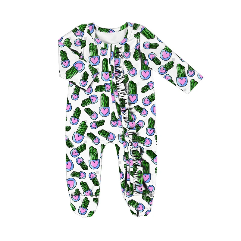 Lovely colorful leopard custom prints baby footie pajamas zipper sleepwear ruffle infant jumpsuit clothes baby rompers with zip
