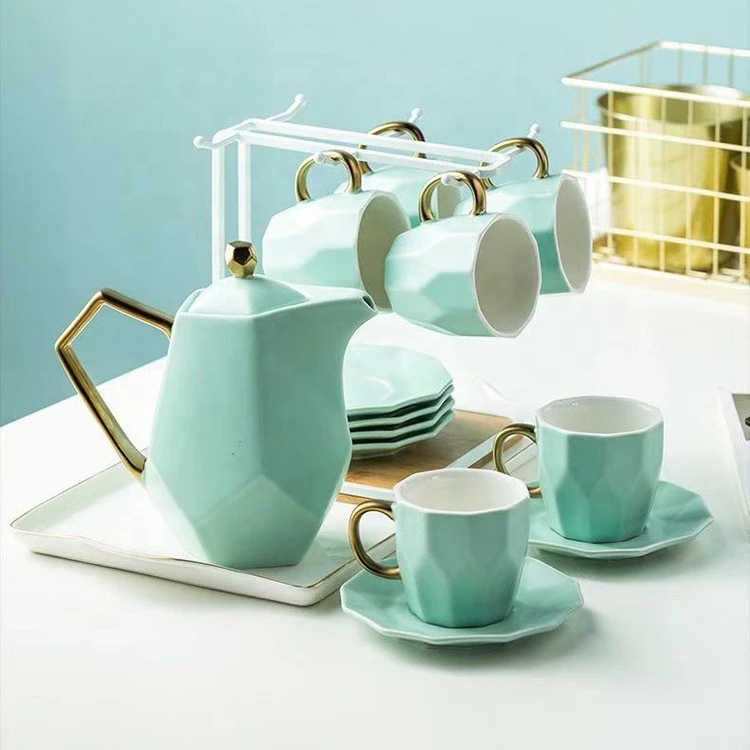Luxury 8pcs Porcelain Coffee Tea Set with Gold Decor Ceramic Tea Pot and Cup Set