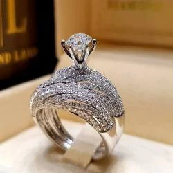 Luxury Silver Bridal Set Engagement rings with Round and Princess Cut Cubic Zirconia Wedding Ring Bands