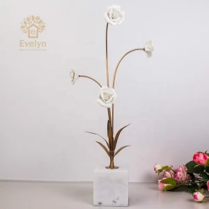 Luxury small ceramic flower with marble base metal craft for home decor