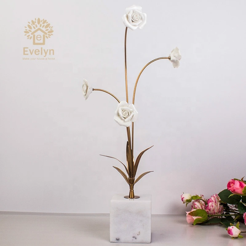 Luxury small ceramic flower with marble base metal craft for home decor