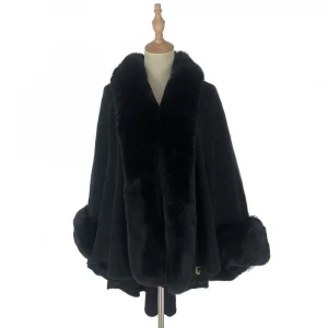 Luxury Women Warm Winter Wraps Fur Trim Knitted Sweater Shawl And Cape Poncho With Round Fur Collar
