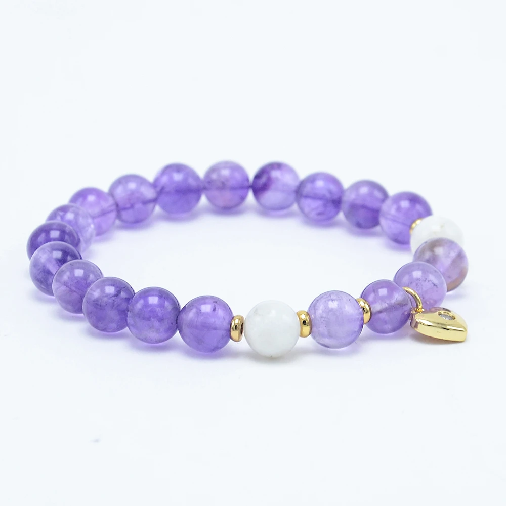 Natural Amethyst Bracelet 8mm Stone Beads with Custom Charm