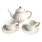 New Personalized antique white color embossed ceramic teapot sets tea cup and saucer coffee pot sets