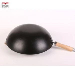 non stick coating with long and short wooden handle carbon steel round bottom chinese spiral wok