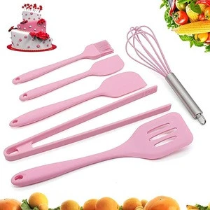 Pink Silicone Baking Utensils Sets 6 Piece Premium Kitchen Cooking Tool Set Tongs, Whisk, 2 Sizes Spatula, Pastry Brush