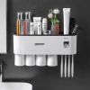 Plastic Magnetic Automatic Bathroom Accessories Wall Mount Toothpaste Dispenser Toothbrush Holder With Four Wash Cups
