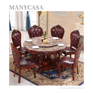 Popularity Luxury Wood Round Dining Table With Rotating Centre Marble Top Table 6 Chairs