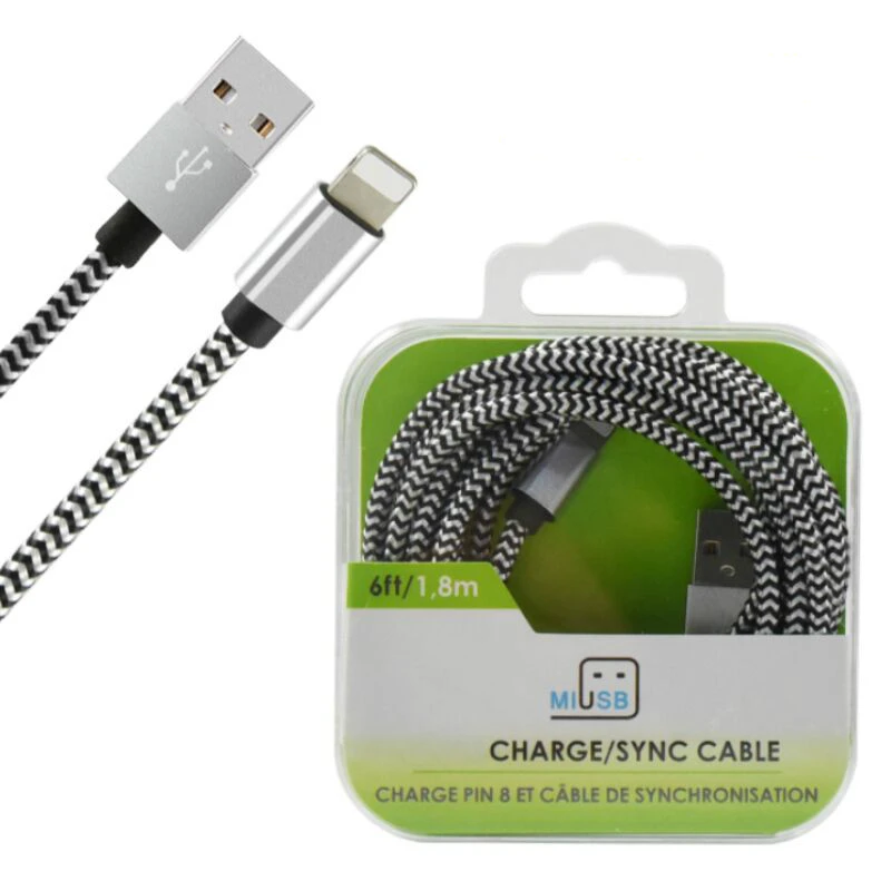 Promotional 2A 6ft Stock Cable  Charger Nylon Braided USB Data Cable with Crystal Box