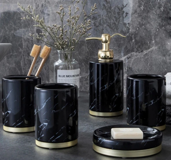 Quality Luxury ceramic Natural black marble gold bathroom Home Hotel toilet five piece Set Bath Bathroom Accessories