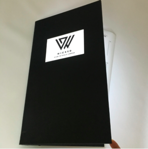 rechargeable lighting menu book M8514 with a lighted logo window on the front cover