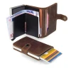 RFID Blocking Card Holder Automatic Pop-Up Aluminum Slim Genuine Leather Wallet Pure  Minimalist for Travel or Work