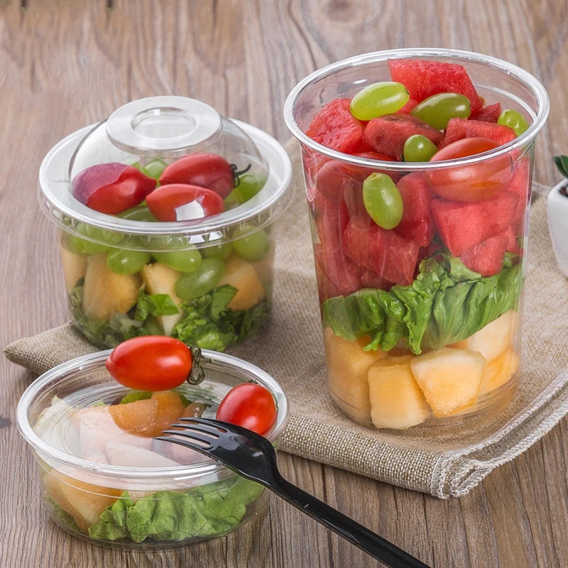Round Disposable Composable Cold Food Fruit Vegetable Salad Clear Yogurt Cake Clear PET Plastic Dessert Cups with lid